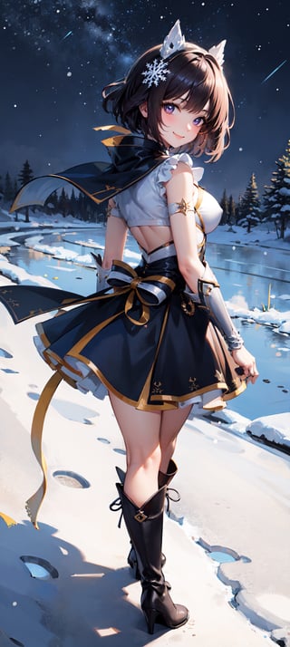 (masterpiece, best quality:1.2), full body, view from side, solo, 1girl,  smile, looking at viewer, tiara, armor costume, breastplate, armor skirt, steel skirt, silver skirt, black steel knee boots, jewelry, brooch, choker, full body, boots, innocent eyes, busty, black bow on back, snow, winter, snowflakes, galaxy sky, full body, snow, night, snowflakes, happy, busty, looking at viewer, Detailedface, confident, love, soft breast, love, caring, smiling, smile, appreciate, point of view,  view from above, closeup, close_up, alert, tension, prepare to battle, prepare to fight, ready to fight, closed_mouth, protecting viewer, bare legs, playful, view from bottom, happy, smile, standing, outdoor, short hair, dark purple hair, small breast, bare legs, from behind, view from behind