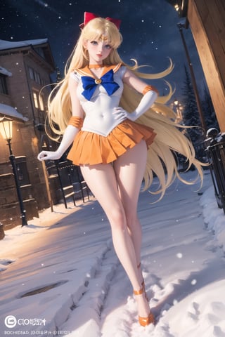 masterpiece, best quality, highres, sv1, sailor senshi uniform, orange skirt, orange heel, elbow gloves, tiara, orange sailor collar, red bow, orange choker, white gloves, jewelry, (1990s \(style\):0.9), view from below, pantyshot, sexy, point of view, full body, snow, night, happy, busty, coming closer, looking at viewer, outdoor, standing, hand on hip