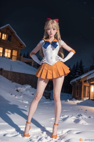 masterpiece, best quality, full body, highres, sv1, sailor senshi uniform, orange skirt, orange heel, elbow gloves, tiara, orange sailor collar, red bow, orange choker, white gloves, jewelry, (1990s \(style\):0.9), view from below, pantyshot, sexy, point of view, full body, snow, night, happy, busty, coming closer, looking at viewer, outdoor, standing, hand on hip