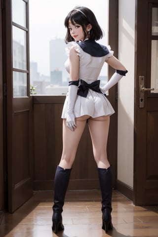 (masterpiece, best quality:1.2), full body, view from behind, view from back, solo, 1girl, sailor saturn, magical girl, smile, closed mouth, looking at viewer, hand on hip, tiara, sailor senshi uniform, pleated skirt, elbow gloves, jewelry, brooch, choker, full body, boots, innocent eyes, pantyshot, ass panty