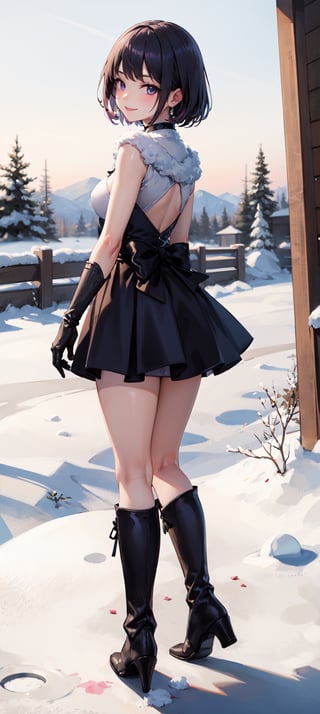 (masterpiece, best quality:1.2), full body, view from side, solo, 1girl,  smile, looking at viewer, tiara, armor costume, breastplate, armor skirt, steel skirt, silver skirt, black steel knee boots, jewelry, brooch, choker, full body, boots, innocent eyes, busty, black bow on back, snow, winter, snowflakes, galaxy sky, full body, snow, night, snowflakes, happy, busty, looking at viewer, Detailedface, confident, love, soft breast, love, caring, smiling, smile, appreciate, point of view,  view from above, closeup, close_up, alert, tension, prepare to battle, prepare to fight, ready to fight, closed_mouth, protecting viewer, bare legs, playful, view from bottom, happy, smile, standing, outdoor, short hair, dark purple hair, small breast, bare legs, 