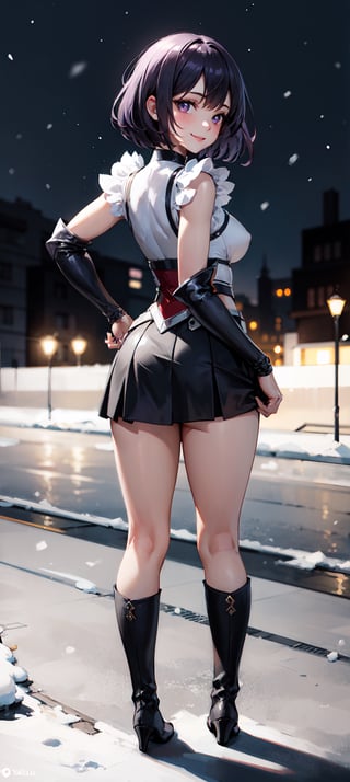 (masterpiece, best quality:1.2), full body, view from side, solo, 1girl,  smile, looking at viewer, tiara, armor costume, breastplate, armor skirt, steel skirt, silver skirt, black steel knee boots, jewelry, brooch, choker, full body, boots, innocent eyes, busty, black bow on back, snow, winter, snowflakes, galaxy sky, full body, snow, night, snowflakes, happy, busty, looking at viewer, Detailedface, confident, love, soft breast, love, caring, smiling, smile, appreciate, point of view,  view from above, closeup, close_up, alert, tension, prepare to battle, prepare to fight, ready to fight, closed_mouth, protecting viewer, bare legs, playful, view from bottom, happy, smile, standing, hand on hip,  outdoor, short hair, dark purple hair, small breast, bare legs, from behind, view from behind