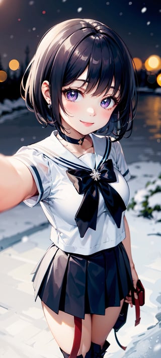 (masterpiece, best quality:1.2), solo, 1girl,  smile, looking at viewer, white school uniform, black mini skirt ,jewelry, brooch, choker,  boots, innocent eyes, busty, black bow on back, snow, winter, snowflakes, galaxy sky,snow, night, snowflakes, happy, busty, Detailedface, confident, love, soft breast, love, caring, smiling, smile, appreciate,  happy, smile, outdoor, short hair, dark purple hair, small breast, selfie, upper body only, relax, relief, comfy, comfortable, loving, close, view from above
