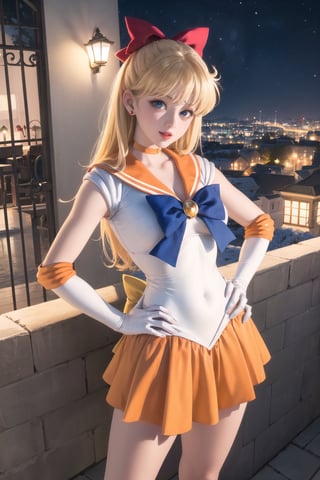 masterpiece, best quality, highres, sv1, sailor senshi uniform, orange skirt, orange heel, elbow gloves, tiara, orange sailor collar, red bow, orange choker, white gloves, jewelry, (1990s \(style\):0.9), view from below, pantyshot, sexy, point of view, full body, snow, night, happy, busty, coming closer, looking at viewer, outdoor, standing, hand on hip