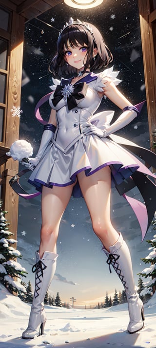 (masterpiece, best quality:1.2), full body, solo, 1girl, sailor saturn, magical girl, smile, tiara, sailor senshi uniform, elbow gloves, jewelry, brooch, choker, full body, boots, innocent eyes, black bow behind, snow, winter, snowflakes, stars, trees, lights, sexy, point of view, snow, night, snowflakes, happy, looking at viewer, Detailedface, confident, love, soft breast, love, caring, smiling, smile, appreciate, point of view, ((white gloves)), ((solo)), ((pretty sister)), ((pretty)), ((elder sister)), (((extremely detailed cute anime face))), ((tiara)), ((standing)), ((mini skirt)), ((purple boots))