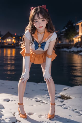 masterpiece, best quality, full body, highres, sv1, sailor senshi uniform, orange skirt, orange heel, elbow gloves, tiara, orange sailor collar, red bow, orange choker, white gloves, jewelry, (1990s \(style\):0.9), view from below, pantyshot, sexy, point of view, full body, snow, night, happy, busty, standing, coming closer, looking at viewer, outdoor, close distance, close shot, cameltoe, sexy, happy, smile, protective, positivity, white panty, detailedface, detailed face, coming very close, very close at viewer, leaning forward, confident, pride, golden hair, long hair, sailor senshi uniform, close-up