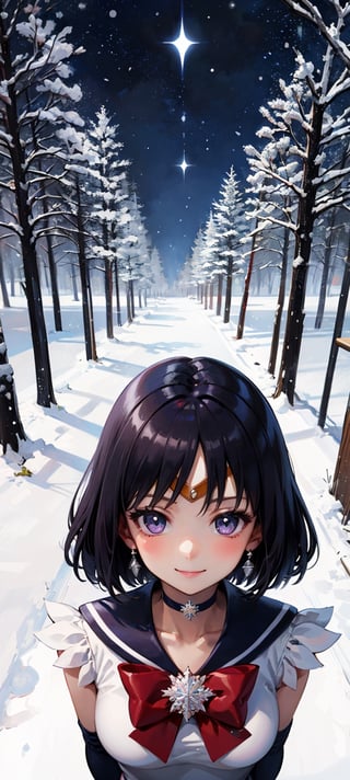 (masterpiece, best quality:1.2), solo, 1girl, solo, 1girl, sailor saturn, magical girl, smile, tiara, sailor senshi uniform, elbow gloves, jewelry, brooch, choker, innocent eyes, busty, black back bow, village, trees, snow, winter, snowflakes, galaxy sky, snow, night, snowflakes, happy, Detailedface, confident, love, soft breast, love, caring, smiling, appreciate,  happy, smile, stars, snow, winter, short hair, dark purple hair, 

small breast, soft breast, busty, ((view from high above)), view from above, ((1girl)), closed mouth, smiling, happy, exciting, caring eyes, anime eyes, upper body only, upper body, stars,sailor saturn