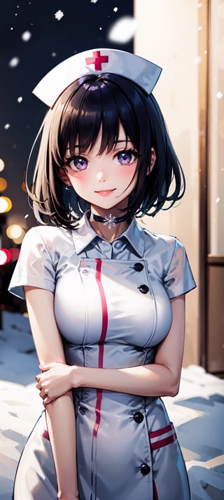 (masterpiece, best quality:1.2), solo, 1girl, smile, looking at viewer,  nurse cosplay, nurse costume, nurse cap, white skirt, jewelry, brooch, black choker, innocent eyes, busty, black bow on back, snow, winter, snowflakes, galaxy sky, snow, night, snowflakes, happy, Detailedface, confident, love, soft breast, love, caring, smiling, smile, appreciate, happy, smile, outdoor, short hair, dark purple hair, small breast, upper body only, relax, relief, comfy, comfortable, loving, close, caring eyes, caring, long hair, upper body focus, upper body only, caring, loving, care