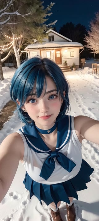 masterpiece, best quality, highres, mer1, school uniform, blue skirt, blue sailor collar, bow, blue knee boots, blue choker, jewelry, earrings, village, cottage, trees, lights,  village, cottage, trees, lights, point of view, snow, night, snowflakes, happy, Detailedface, confident, love, soft breast, love, caring, smiling, smile, appreciate, point of view, sparkling eyes,  happy, confident, love, soft breast, love, caring, appreciate, point of view, ((sleeveless)), ((solo)), ((blue hair)), ((short hair))

small breast, soft breast, busty, ((selfie)), ((incoming hug)),((1girl)), closed mouth, smiling, happy, exciting, caring eyes, anime eyes, full body