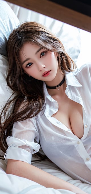 photorealistic:1.37, masterpiece, best quality, raw photo, absurdres, uhd, 1beautiful girl, long curl brown hair, in an oversized long white see through buttoned collar shirt, lying  on side on her bed, sexy, full body, different camera shot angles