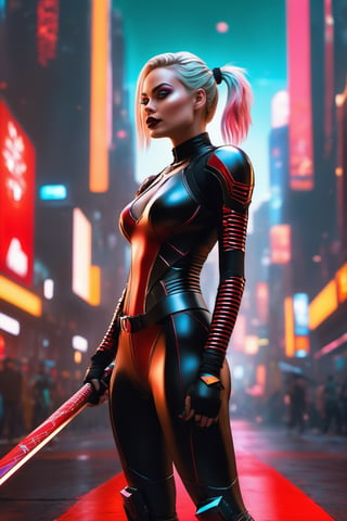 Margot Robbie, Harley Quinn, holding a baseball bat, full body, A intricate close up portrait of a beautiful, neonpunk dystopian SEXY girl , dramatic glitter makeup, Space HELM futuristic lenses art by wlop, Ismail Inceoglu, bagshaw and artgerm, high rossdraws, guweiz and wlop and ilya kuvshinov, makoto shinkai, dynamic, rim light, intricate, sharpened, highest resolution, 8k, octane render, unreal engine, colorful, red and black silk, black lashes background, urban cyberpunk asian city, beautiful scene