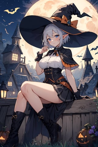 absurdres, (full-body:0.9), highres, ultra detailed,
halloween, 
elf, night, full moon,
1 girl, (chubby:0.45), close-up, BREAK,
super short hair, 
straight skirt, boots, witch hat, 
(smile:0.5),
(large breasts), 
backwards