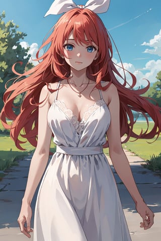 realistic, anime screencap, view straight on, standing, petite, a cute girl, (large breasts:1.25), bangs, hair pulled back, floating hair, sidelocks, pale red hair, flowing hair, bright skin, ribbon, necklace, ring, white shirt, collarbones, outdoors, blue sky, 8k resolution, 18 years old,
(bra:0.95), (smile:0.55),
hand, fingers, Kagamine Rin, Anime