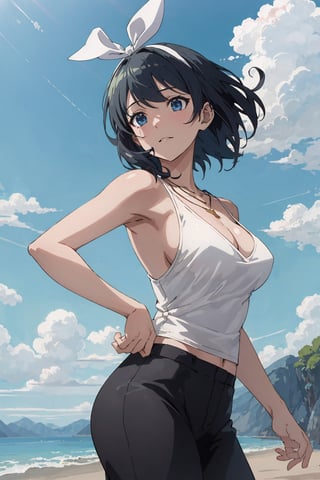 8k resolution, realistic, anime screencap, 
view straight on, standing, petite, a cute girl, (large breasts:1.25), bangs, hair pulled back sidelocks, pale black hair, 
flowing hair, floating short hair, 
necklace, ring, collarbones, urban outdoors, 
blue sky, 
(topbra:0.95), (smile:0.55),
hand, fingers, Kagamine Rin, Anime