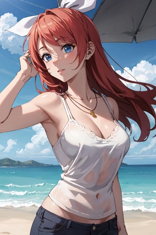 realistic, anime screencap, view straight on, standing, petite, a cute girl, (large breasts:1.25), bangs, hair pulled back, floating hair, sidelocks, pale red hair, flowing hair, bright skin, ribbon, necklace, ring, white shirt, collarbones, outdoors, blue sky, 8k resolution, 18 years old,
(bra:0.95), (smile:0.55),
hand, fingers, Kagamine Rin, Anime