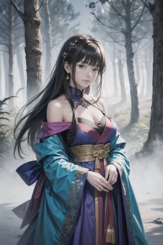 主：(foggy woods), 
人：Very beautiful Japanese and Korean girl,Strong classical beauty temperament,
優：With a very high artistic composition style,
髮：(long hair),  (bangs), 
特：(((Colorful and magical doomsday city))),
(masterpiece, highest quality, extreme detailed, best quality, official art, beautiful and aesthetic:1.2), (1girl), extreme detailed,(fractal art:1.3),colorful,highest detailed,High detailed,With a very high artistic composition style,
服：Off-the-shoulder,