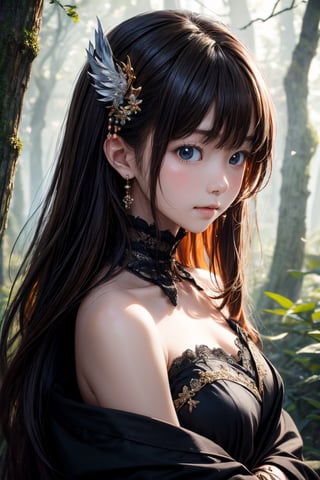 主：(foggy woods), 
人：Very beautiful Japanese and Korean girl,Strong classical beauty temperament,
優：With a very high artistic composition style,
髮：(long hair),  (bangs), 
特：(((Colorful and magical doomsday city))),
(masterpiece, highest quality, extreme detailed, best quality, official art, beautiful and aesthetic:1.2), (1girl), extreme detailed,(fractal art:1.3),colorful,highest detailed,High detailed,With a very high artistic composition style,
服：Off-the-shoulder,