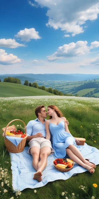 (Masterpiece), highest quality, 8k, HD, fantasy, wide meadow, picnic, mat, basket for food, 1 man, 1 woman, a woman in a dress is sitting with both feet on the mat, (man with his knees bent on the woman) is lying down looking at the sky), lovers, picnic, flowers, sky, clouds,