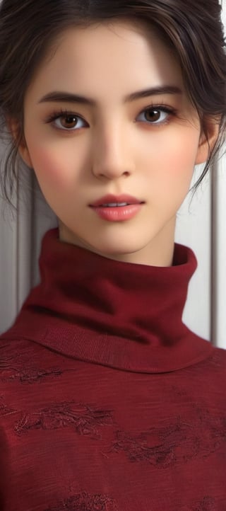 ((Top quality)), ((Masterpiece)), Portrait of girl with neat hairstyle, ((front,)) red turtleneck t-shirt, beautiful eyes, brown eyes, black short hair, intricate details, highly detailed eyes, small mouth, movie image, lit with soft light, perfect face,xeesoxee