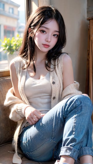 (((masterpiece))), top quality, (beautiful and delicate girl), beautiful and delicate light, (beautiful and delicate eyes), mysterious smile, (brown eyes), (dark black long hair), medium breasts, female 1, frontal shot, Korean, soft expression, tall, cardigan, sleeveless knit, jeans, sneakers,AIDA_LoRA_MomoS