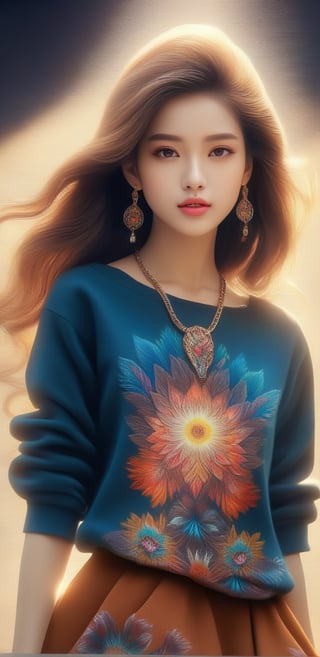 Image, (full body), highest quality, masterpiece, ultra-high definition, (cute face), (perfect brown eyes), surreal illustration, natural proportions, Ultra HD, realistic and vivid colors, highly detailed UHD drawing, perfectly composed, 8k , texture, breathtaking beauty, pure perfection, unforgettable emotion, medium burst, thread necklace, skirt, portrait of a woman, ecru technical wool fleece knit,style