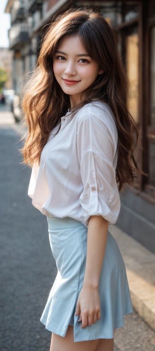 Beautiful soft light, (beautiful and delicate eyes), very detailed, pale skin, (long hair), dreamy, ((front shot)), soft expression, bright smile, art photography, fantasy, jewelry, shyness, soft image, masterpiece , ultra-high resolution, color, very detailed and soft lighting, details, Ultra HD, 8k, blouse, skirt, sneakers, highest quality, trail, (walk),