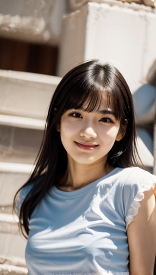 Beautiful and delicate light, (beautiful and delicate eyes), pale skin, big smile, (brown eyes), (dark black long hair), dreamy, medium breasts, female 1, (front shot), Korean woman, bangs, soft expression, large Height, proud and elegant, half body shot, floral T-shirt, upper body,