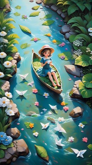 Landscape painting, large stream, stepping stones, girl sitting with her feet in the stream and floating a paper boat, dress, elegantly blowing hair, hat made of woven flowers, pale skin, acrylic, fantasy, detailed eyes, detailed fingers, realistic eyes, drawn eyes , white eyelashes, detailed face, bright and bright eyes, dancing light, highly detailed face, paper boat,