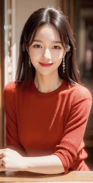 Photography, (Highest Quality, Masterpiece: 1.2), 8K, HDR, Photorealism, (Film Framing: 1.3), (Vivid Colors: 1.2), Fine Detail & Textures, Masterpiece, Highest Quality, Super Detail, Charming Smile, Perfect Hands , detailed face, Korean woman, black hair, red knit,