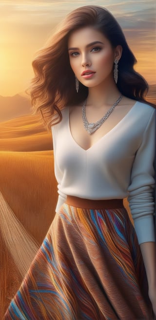 Image, (full body), highest quality, masterpiece, ultra-high definition, (cute face), (perfect brown eyes), surreal illustration, natural proportions, Ultra HD, realistic and vivid colors, highly detailed UHD drawing, perfectly composed, 8k , texture, breathtaking beauty, pure perfection, unforgettable emotion, medium burst, thread necklace, skirt, portrait of a woman, ecru technical wool fleece knit,style