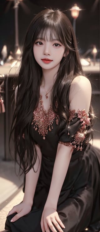 Beautiful and delicate light, (beautiful and delicate eyes), pale skin, big smile, (brown eyes), (long black black hair), dreamy, medium breasts, female 1, (front shot), Korean girl, bangs, soft expression, large Height, proud and elegant, smile, 8k art photo, realistic concept art, realistic, portrait photography, accessories, fantasy, jewelry, half body shot, sexy pose, training set, red outfit,chinatsumura,lisa,lisa blackpink,masterpiece