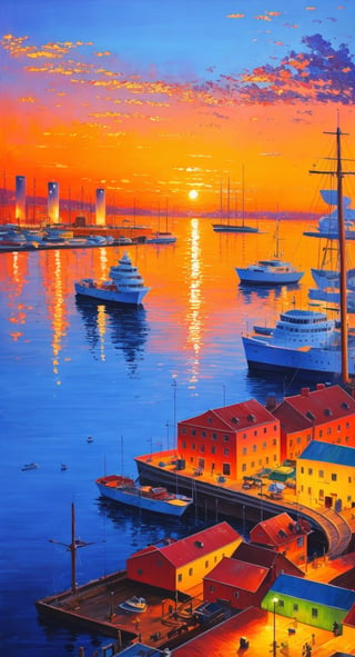 Port city view from the sea, sunset, sketch, work of art, wonderful color palette, intricate details, artistic oil painting, oil paint,
