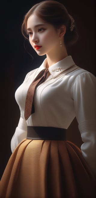 Image, (full body), highest quality, masterpiece, ultra-high definition, (cute face), (perfect brown eyes), surreal illustration, natural proportions, Ultra HD, realistic and vivid colors, highly detailed UHD drawing, perfectly composed, 8k , texture, breathtaking beauty, pure perfection, unforgettable emotion, medium bust, thread necklace, basic collar neck formal uniform, skirt, portrait of a woman,