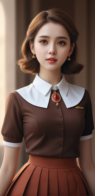 Image, (full body), highest quality, masterpiece, ultra-high definition, (cute face), (perfect brown eyes), surreal illustration, natural proportions, Ultra HD, realistic and vivid colors, highly detailed UHD drawing, perfectly composed, 8k , texture, breathtaking beauty, pure perfection, unforgettable emotion, medium bust, thread necklace, basic collar neck formal uniform, skirt, portrait of a woman,