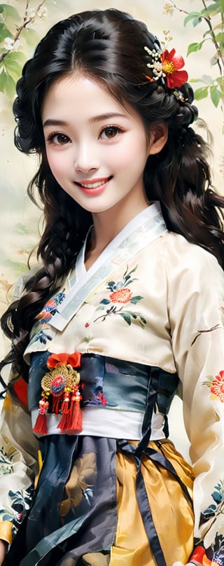 (((masterpiece))), top quality, (beautiful and delicate girl), beautiful and delicate light, (beautiful and delicate eyes), pale skin, big smile, (brown eyes), (dark black long hair), dreamy, vintage art, Medium chest, female 1, (front shot), soft expression, tall, oil painting, proud and elegant, raised hair, Hanbok,brccl