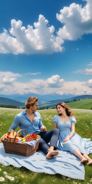 (Masterpiece), highest quality, 8k, HD, fantasy, wide meadow, picnic, mat, basket for food, 1 man, 1 woman, a woman in a dress is sitting with both feet on the mat, a man with his knees bent on the woman Lying down looking at the sky, lovers, picnic, flowers, sky, clouds,