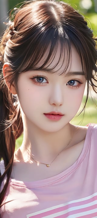 ((Top quality)), ((Masterpiece)), Portrait of girl with neat hairstyle, ((front,)) pink horizontal striped t-shirt, beautiful eyes, brown eyes, black short hair, intricate details, very detailed eyes, small Mouth, movie image, lit with soft light, perfect face,