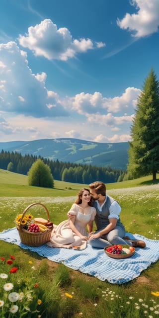 (Masterpiece), highest quality, 8k, HD, fantasy, wide meadow, picnic, mat, basket for food, 1 man, 1 woman, a woman in a dress is sitting with both feet on the mat, a man with his knees bent on the woman Lying down, lovers, picnic, flowers, sky, clouds,Forest 