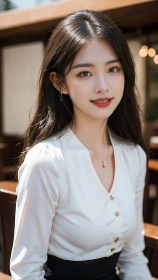 Beautiful and delicate light, (beautiful and delicate eyes), pale skin, big smile, (brown eyes), (black long hair), dreamy, medium chest, woman 1, (front shot), Korean girl, bangs, soft expression, height 170, elegance, bright smile, 8k art photo, realistic concept art, realistic, portrait, necklace, small earrings, handbag, fantasy, jewelry, shyness, short jacket, skirt, (red ribbon tie long-sleeved blouse),alluring_lolita_girl,colorful_girl_v2,white_dress