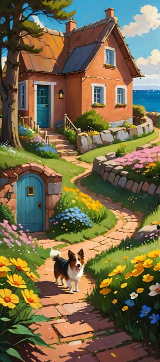 A beautiful house in a tranquil and idyllic oil painting seaside village, a large house made of cozy red clay soil with a yellow door and open windows, pine trees and cosmos blooming along the road, next to a stone path, uneven stepping stones lead up to the house, a dog A girl is sleeping face down in front of the door. Small waves crash against the sea shore. A girl is playing with her dog.