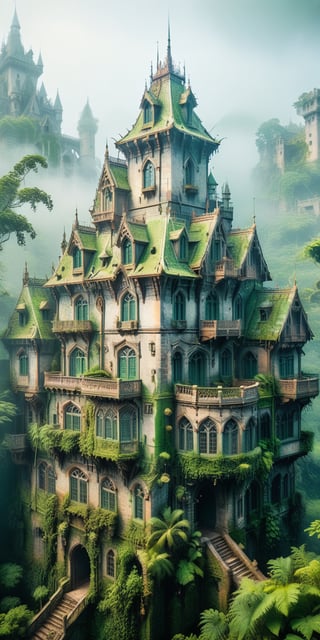 (Masterpiece), highest quality, 8k, HD, fantasy, green jungle, thick fog, mystery, lush green, gloomy, old castle architecture,ste4mpunk