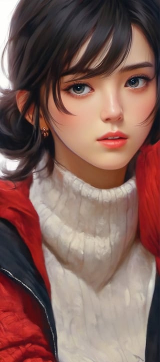 ((Top quality)), ((Masterpiece)), Portrait of girl with neat hairstyle, ((front,)) red turtleneck t-shirt, beautiful eyes, brown eyes, black short hair, intricate details, highly detailed eyes, small mouth, movie image, lit with soft light, perfect face,xeesoxee