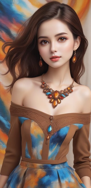 Image, (full body), highest quality, masterpiece, ultra-high definition, (cute face), (perfect brown eyes), surreal illustration, natural proportions, Ultra HD, realistic and vivid colors, highly detailed UHD drawing, perfectly composed, 8k , texture, breathtaking beauty, pure perfection, unforgettable emotion, medium burst, thread necklace, skirt, portrait of a woman, ecru technical wool fleece knit,Wonder of Beauty