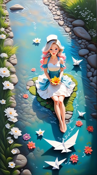 Landscape painting, large stream, stepping stones, girl sitting with her feet in the stream and floating a paper boat, dress, elegantly blowing hair, hat made of woven flowers, pale skin, acrylic, fantasy, detailed eyes, detailed fingers, realistic eyes, drawn eyes , white eyelashes, detailed face, bright and bright eyes, dancing light, highly detailed face, paper boat,AlissaWhiteGluzQuiron woman