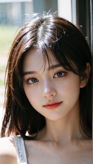 Beautiful and delicate light, (beautiful and delicate eyes), pale skin, big smile, (brown eyes), (dark black long hair), dreamy, medium breasts, female 1, (front shot), Korean woman, bangs, soft expression, large Height, proud and elegant, half body shot, tops in various colors,little_cute_girl,Korean