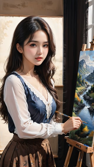Masterpiece, Top Quality, (Highly Detailed 8k Wallpaper, Masterpiece, Highest Quality, Highly Detailed, Best Shadows), (Detailed Background), (Beautifully Detailed Face), (Beautifully Detailed Eyes), (Highly Detailed, Beautiful) ,1girl,((background)), dynamic movement, beautiful detailed light, full body shot, Korean, long black hair, medium chest, brown eyes, height 170 cm, dimples, (frontal shot), very detailed beautiful painting - artist workshop Inside, an angelic woman is painting a picture of a landscape on an easel. Dressed in a skirt, white blouse,