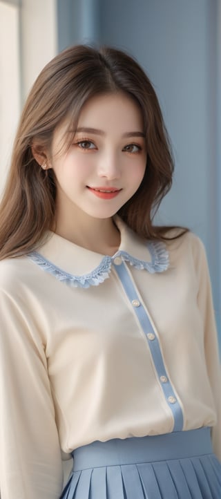 Beautiful soft light, (beautiful and delicate eyes), very detailed, pale skin, (long hair), dreamy, ((front shot)), (full body shot), brown eyes, soft expression, bright smile, art photography, fantasy , shyness, cute and soft image, masterpiece, ultra high resolution, colors, very delicate and soft lighting, details, Ultra HD, 8k, highest quality, (pose), girl1, real, wonders of art and beauty, soft stylish Kara Flower Point Long-sleeved collared T-shirt, blue pleated skirt,