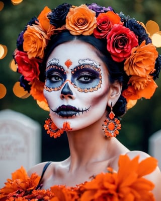 (Best quality, 8k, 32k, Masterpiece, UHD:1.2),  full body potrait of a woman with Catrina makeup, dia de los muertos, white make up, orange, black makeup, emulating a skull with the make up, orange flowers as ornament in hair, many orange flowers, wearing a gown, gloves  and attractive features, eyes, eyelid,  focus, depth of field, film grain,, ray tracing, ((contrast lipstick)), slim model, detailed natural real skin texture, visible skin pores, anatomically correct, night, cemetary background,  Catrina,(PnMakeEnh)
