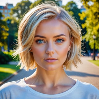 Beautiful blonde woman wearing a T-shirt, short hair, portrait, close up view, intense blue eyes, city park background