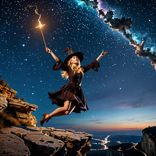 Beautiful blonde girl, Witch, casting a spell, levitation, levitating, glowing sigils floating around her, witch hat, wand, above a cliff, night sky behind her, view from below, looking up